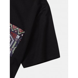 Mens Vintage Geometric Print Patchwork Curved Hem Short Sleeve T-Shirts