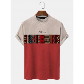 Mens Vintage Geometric Pattern Patchwork Mock Neck Short Sleeve T-Shirts