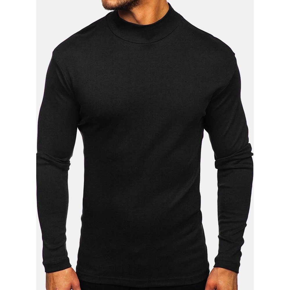 Mens Solid Color High Neck Plain Basics Long Sleeve T-Shirts
