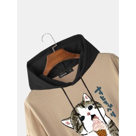 Mens Cute Cat Japanese Print Short Sleeve Drawstring Hooded T-Shirts