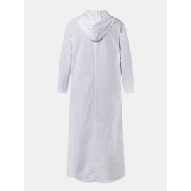 Men Cotton Middle Robe Solid Long Sleeve Hooded T-Shirt