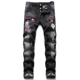 Men's Washed Pattern Patchwork Buttons Distressed Jeans