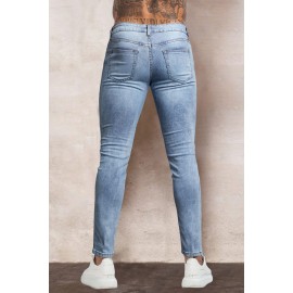 Sky Blue Rainbow Print Patchwork Skinny Distressed Men's Jeans