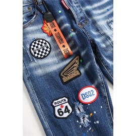 Men's Badge Pattern Patchwork Paint Splash Slim-fit Jeans