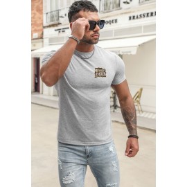 Gray Men's Crew Neck T-shirt with Leopard Letters Print