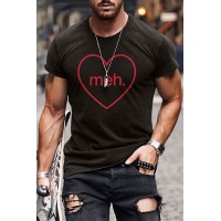 Black meh. Heart Shaped Print Crewneck Short Sleeve Men's Tee