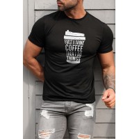 Black Men's Letter Coffee Cup Print Slim-fit Crewneck T Shirt