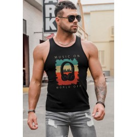 Black Music On World Off Headphone Print Men's Tank Top