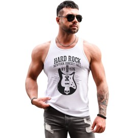 White Hard Rock Guitar Print Slim-fit Men's Tank Top
