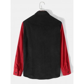 Mens Contrast Patchwork Geometric Pattern Embroidered Corduroy Long Sleeve Shirts