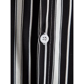 Mens Black Stripe Print Button Up Short Sleeve Lapel Casual Shirt