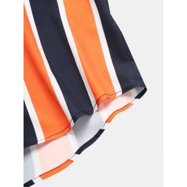 Mens Holiday Wide Striped Button Up Short Sleeve Shirts