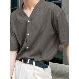 Mens Striped Texture V-Neck Short Sleeved Shirt