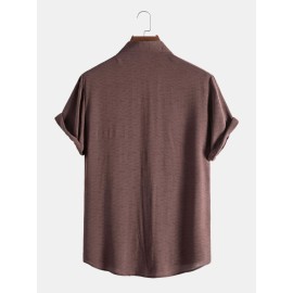 Mens Pure Color Lapel Button Up Cotton Basics Short Sleeve Shirts