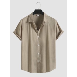 Mens Pure Color Lapel Button Up Cotton Basics Short Sleeve Shirts