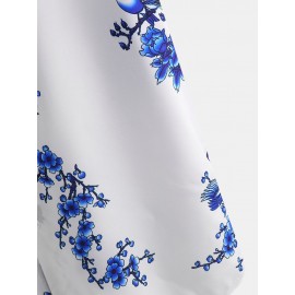 Mens Chinese Style Porcelain Floral Printed Short Sleeve Turn Down Collar Casual Shirt