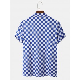 Mens Checkered Plaid Revere Collar Street Short Sleeve Shirts