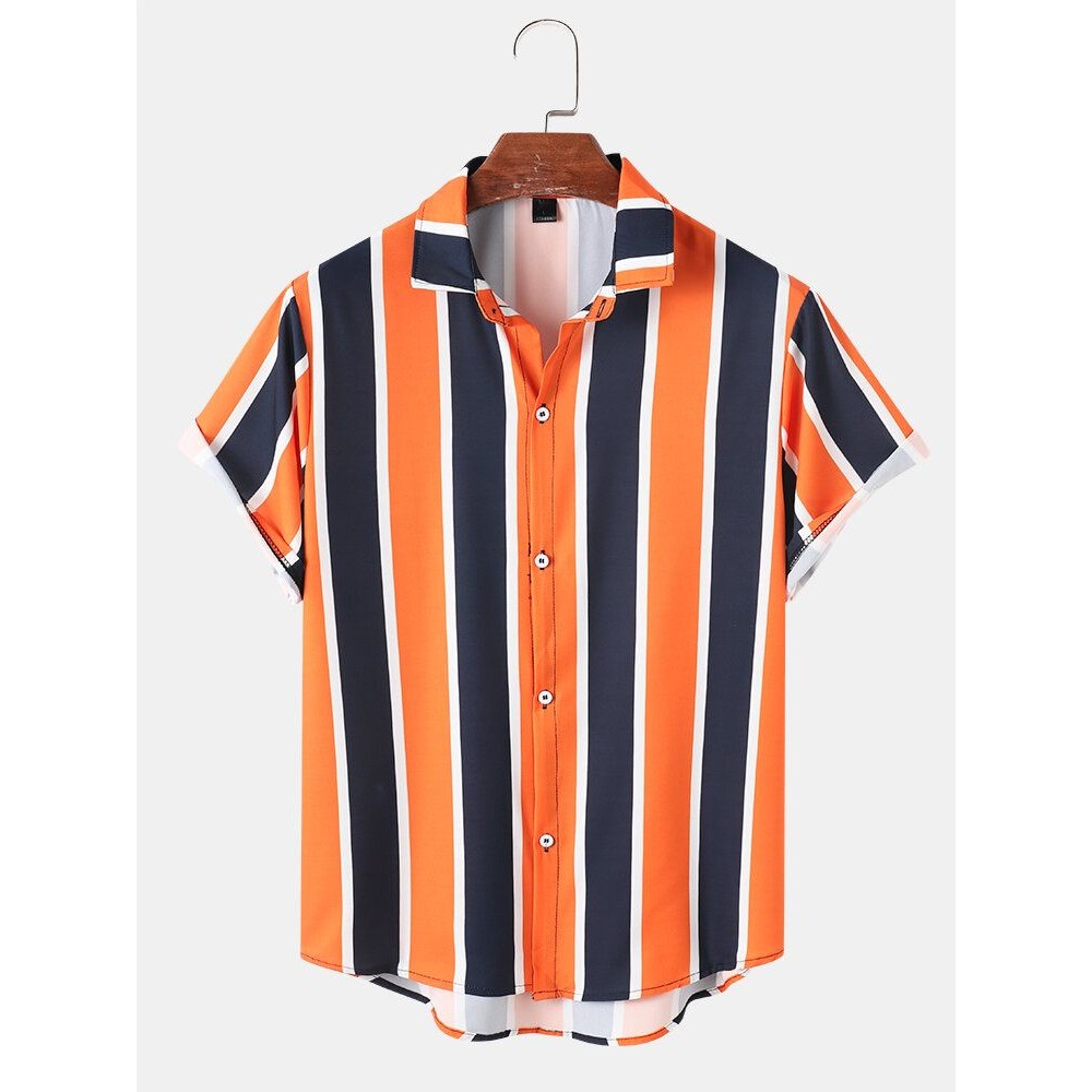 Mens Holiday Wide Striped Button Up Short Sleeve Shirts