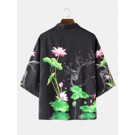 Mens Lotus Printed Open Front Loose 3/4 Sleeve Kimono
